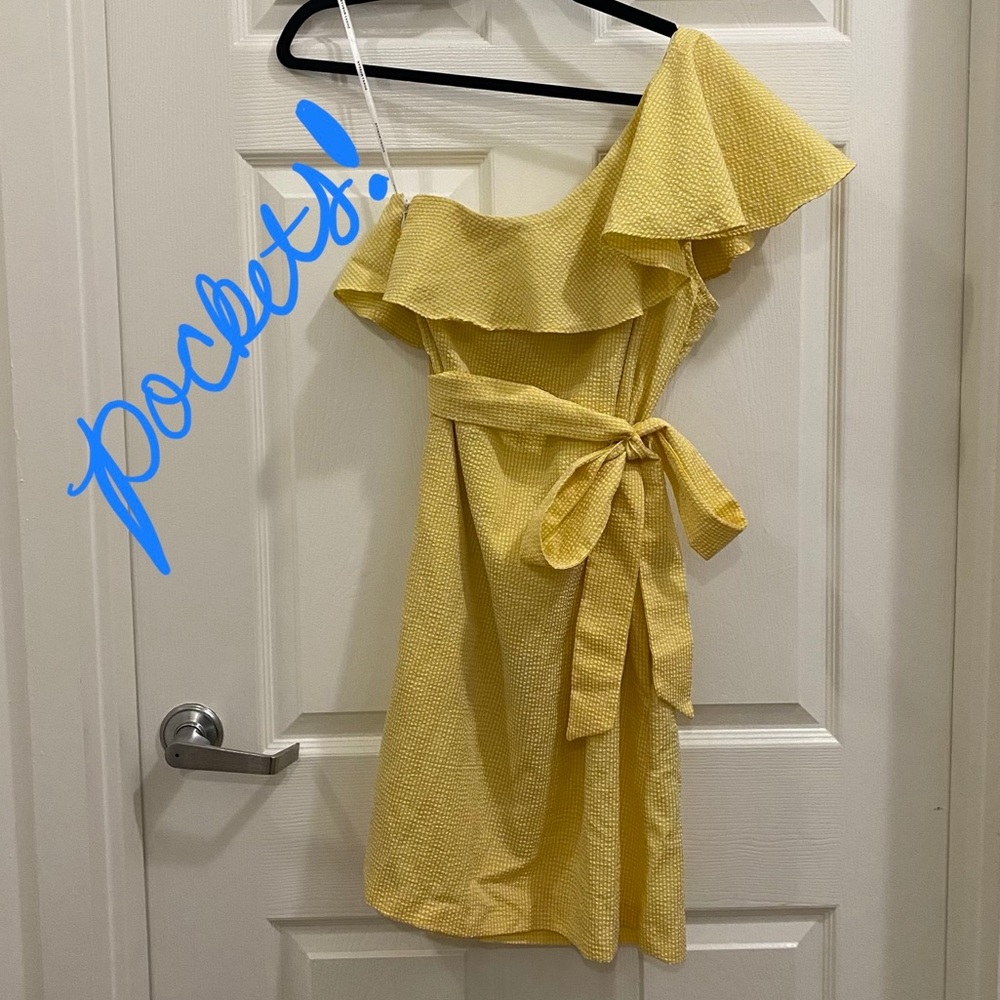 Seersucker one shoulder yellow shift dress ruffle